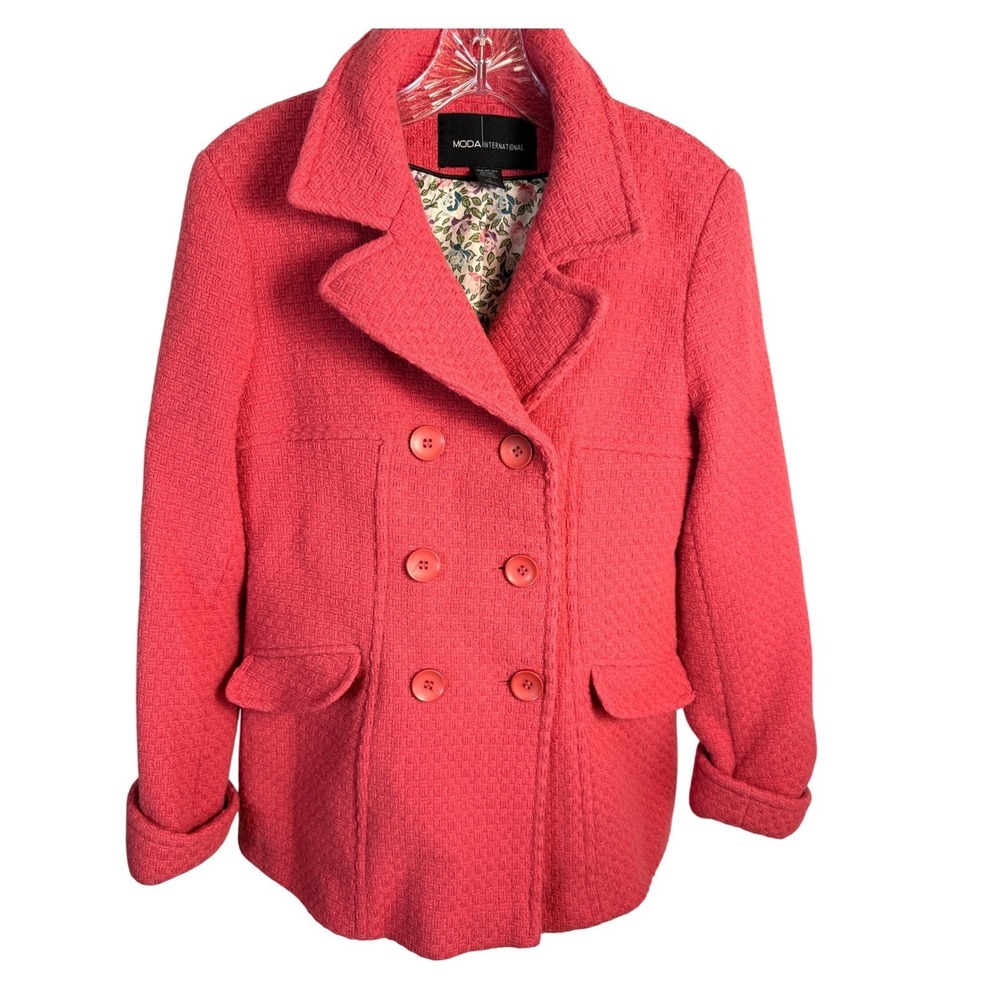 Moda International Blend Peacoat Jacket M Pink Coral Double-Breasted Coat Women